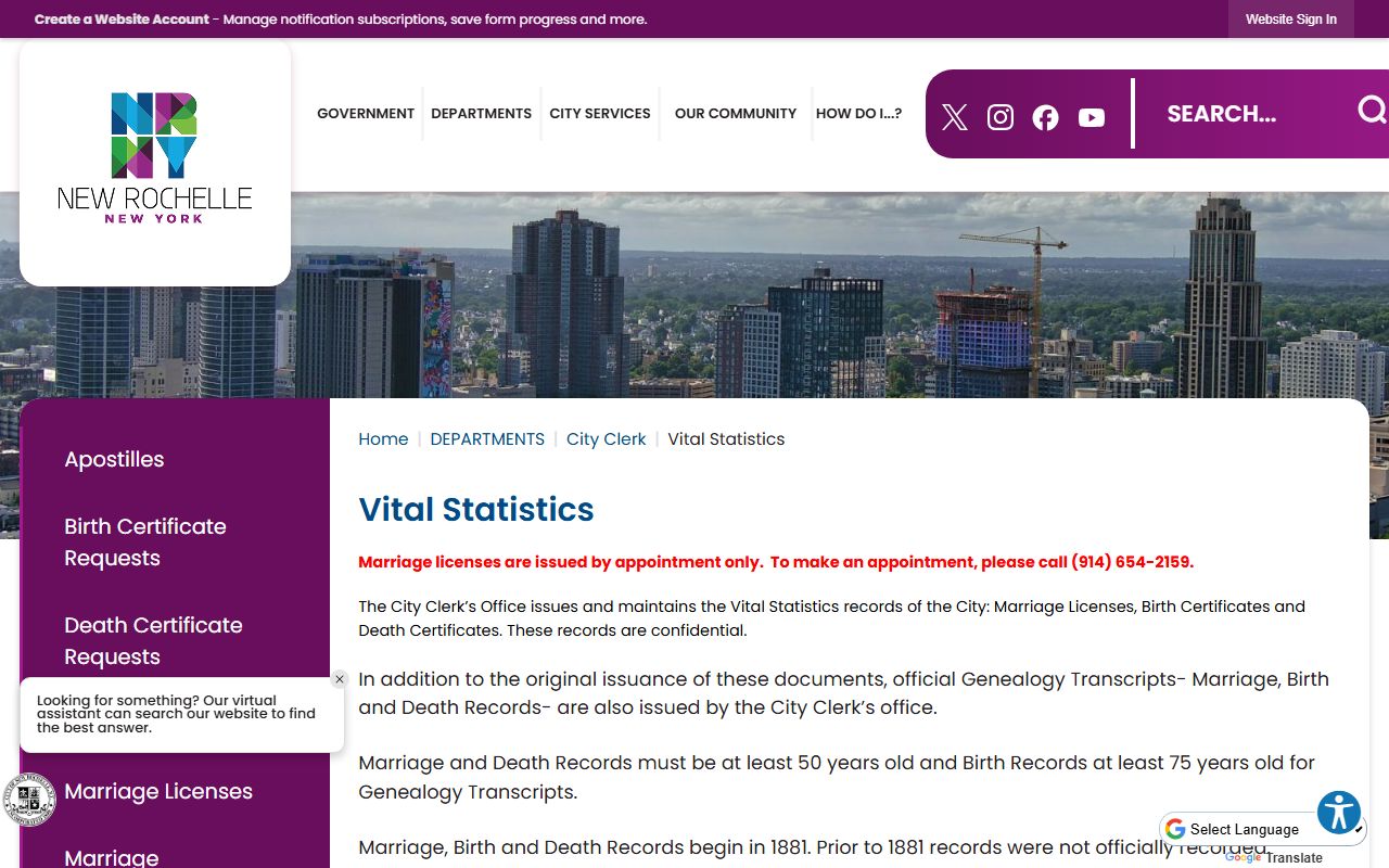 New Rochelle vital statistics page relevant to Albany people search