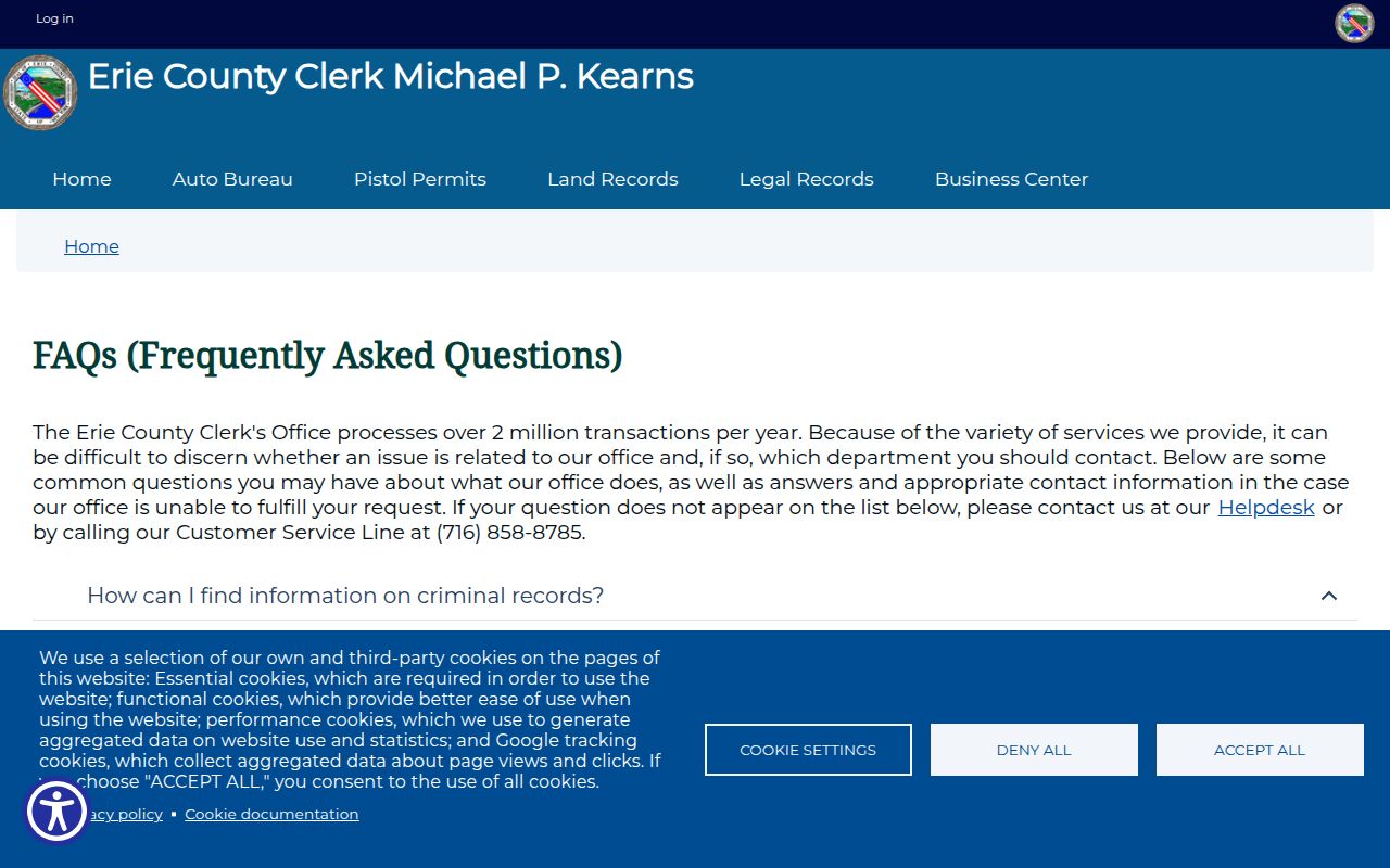 Erie County Clerk FAQ page used for Buffalo people search