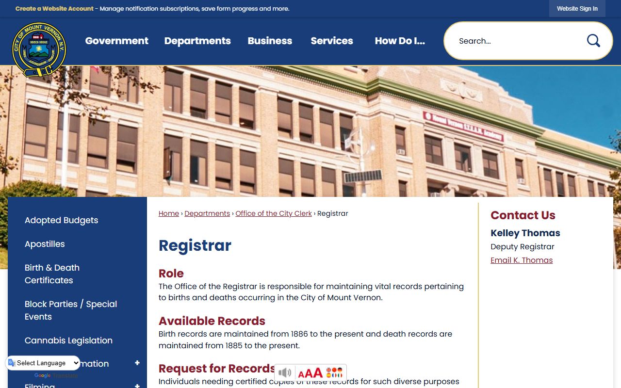 Mount Vernon Registrar page relevant to Colonie people search