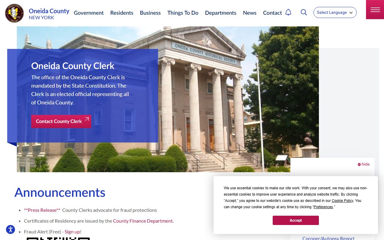 Oneida County Clerk website for Mount Vernon people search reference