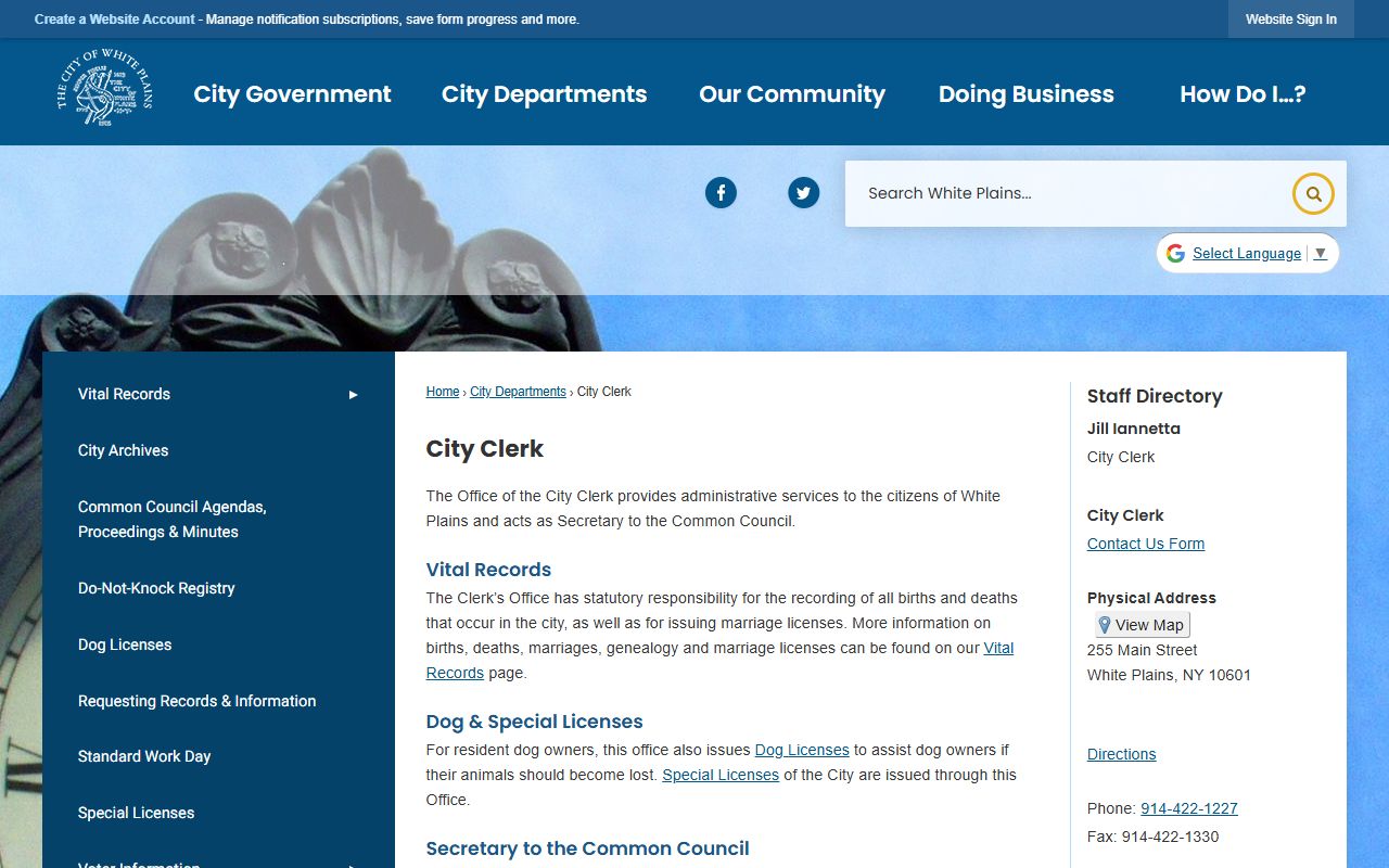 White Plains City Clerk page for Tonawanda people search reference