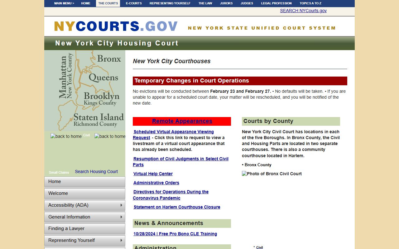 NYC Housing Court portal for Bronx County people search